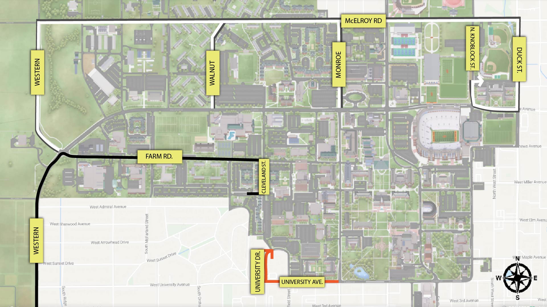 Map of suggested routes to take when moving into the res halls at OSU